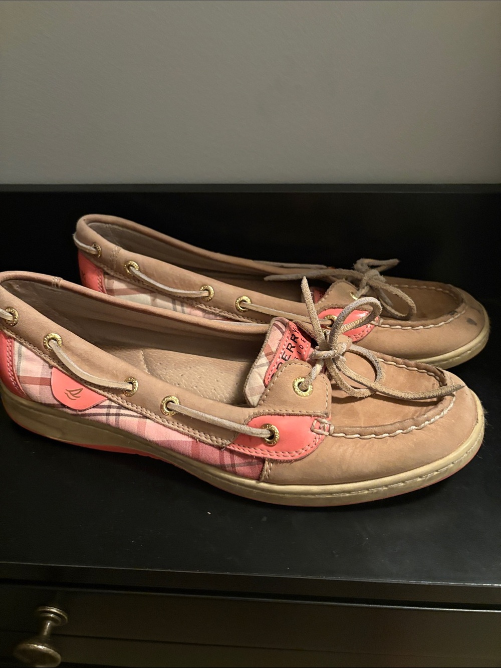 Sperry Tan and Pink Plaid Boat Moccasins
